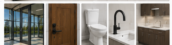Storefront, door, plumbing fixtures, and casework