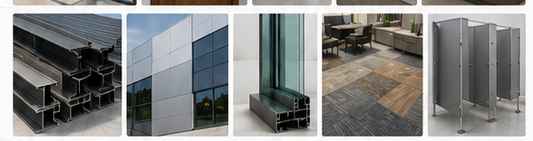 Building materials including steel, facade panels, windows, flooring, and partitions