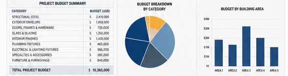 Project budget table with category and building-area charts