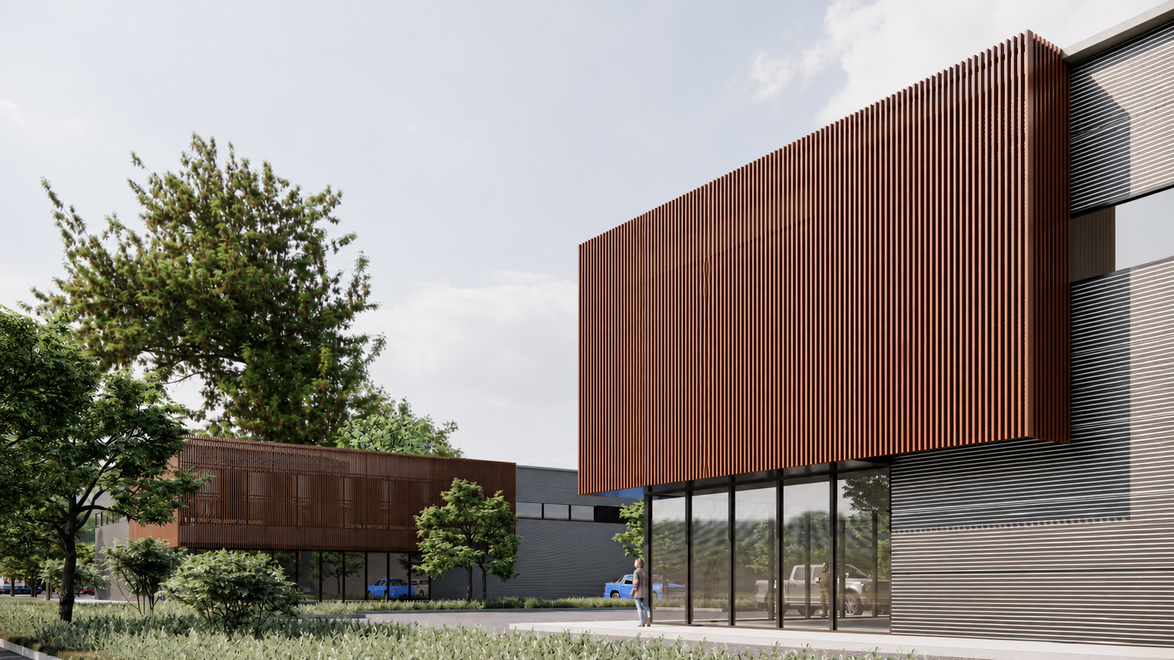 Photorealistic exterior perspective rendering with coordinated architectural fins and metal cladding