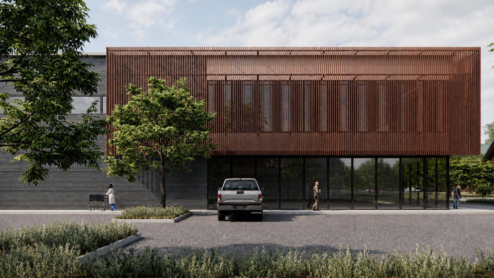 Photorealistic front exterior project rendering with vertical architectural fins