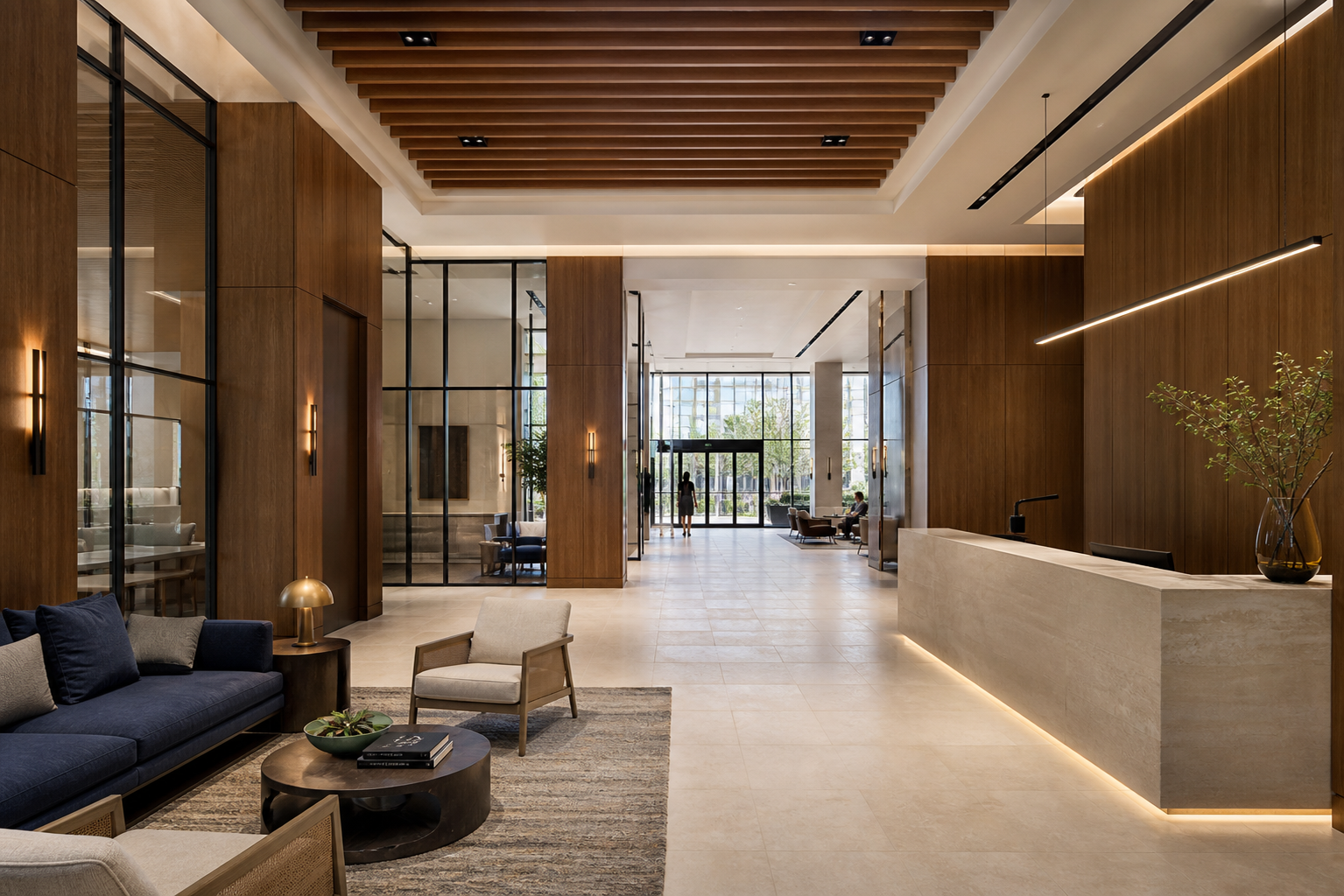 Completed commercial interior with coordinated millwork, stone, glass, lighting, flooring, and furniture