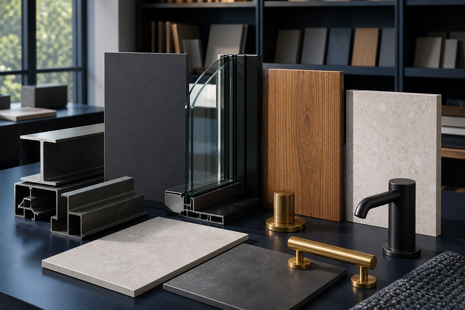 Coordinated commercial material samples including steel, glazing, millwork, stone, and hardware