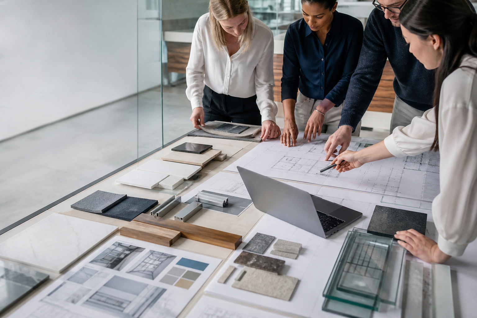 Procurement team reviewing architectural drawings and coordinated material samples